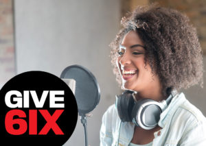 GIVE 6IX logo over young woman singing